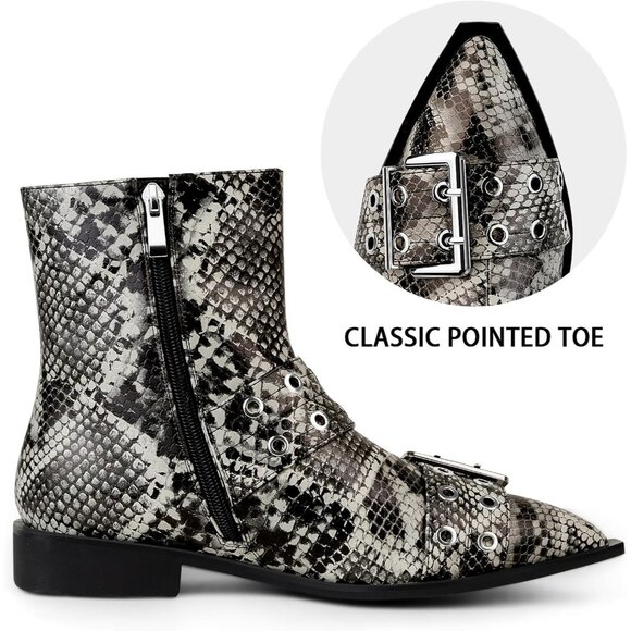 ⚡Women's Snake Pattern Halloween Ankle Boot Pointed Toe Chunky Heel Boots Buckle - Picture 4 of 6